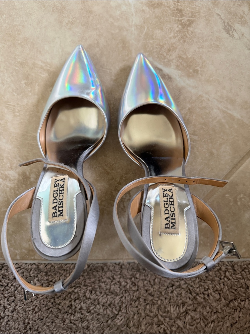 Badgley Mischka Silver Holographic Pointed-Toe Ankle Strap Flats